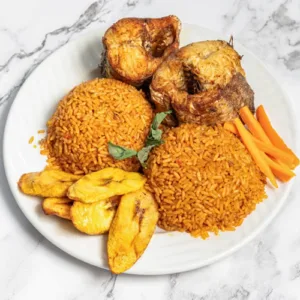 Jollof Rice, Fried Rice, 2 Fried Fish, 4 Chicken, Coleslaw, 2 Coke, Plantain